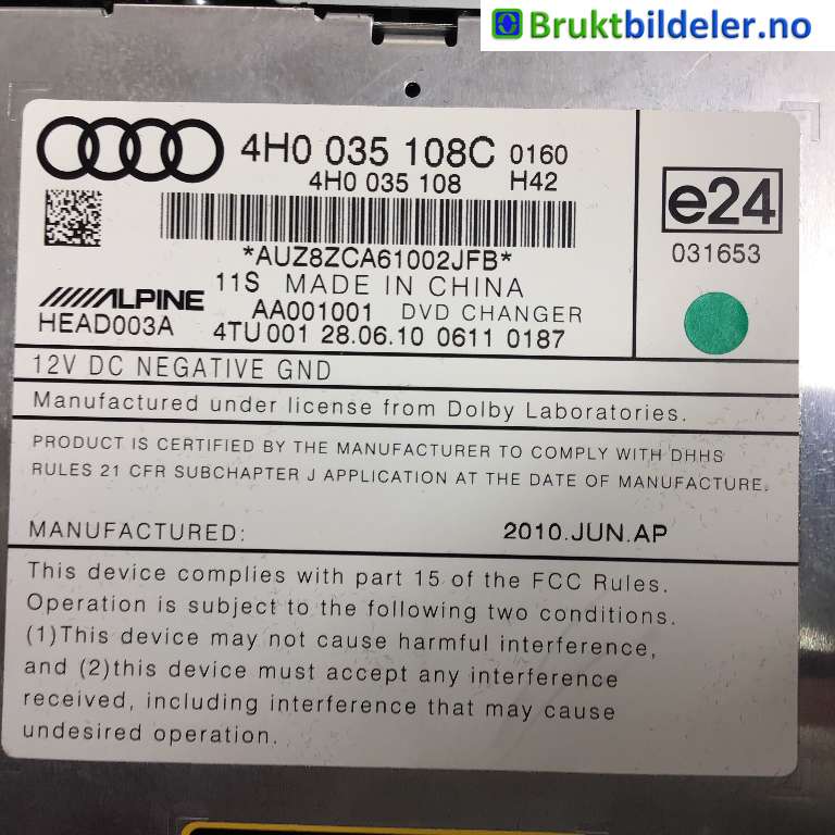 Bilstereo CD-veksler til Audi A8 2010-2013 (Type III, Fase 1) (AUDI|4H0 035 108 C|AA001001|)