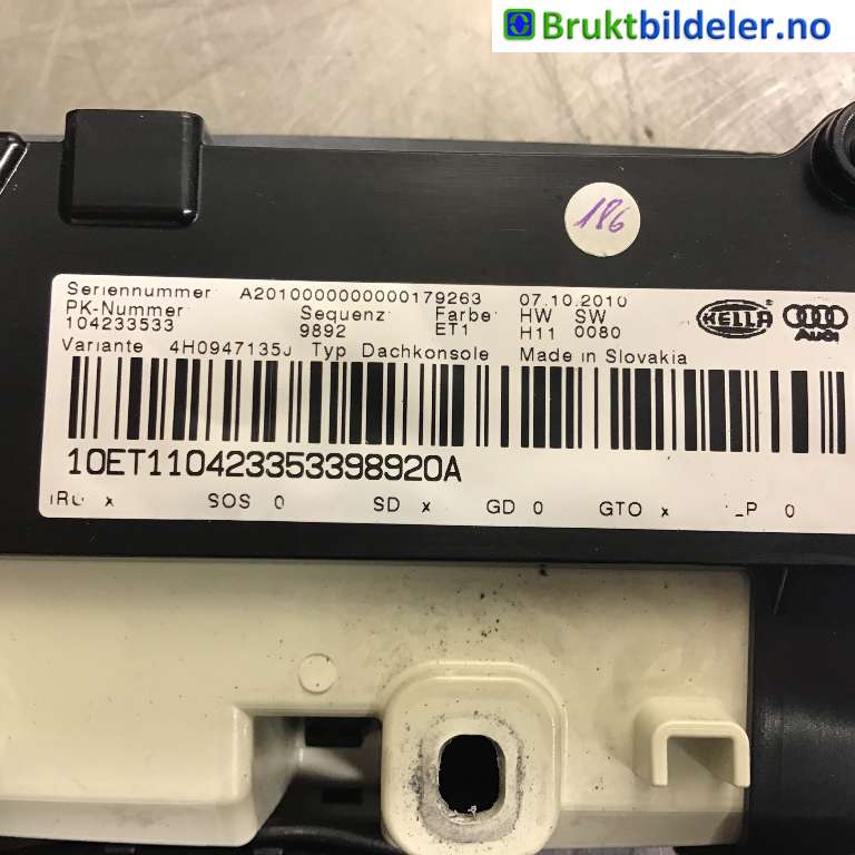 Tak konsoll til Audi A8 2010-2013 (Type III, Fase 1)  (AUDI|4H0 947 135 J|104233533|)