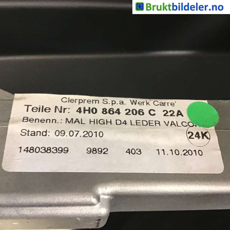 Sete armlene lokk til Audi A8 2010-2013 (Type III, Fase 1)  (AUDI|4H0 864 206 C|)