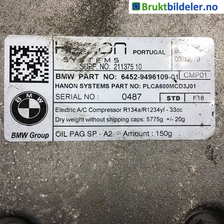 Aircondition kompressor til BMW X3 2017-->> (G01) (G01) (BMW|64 52 9 496 109-01|PLCA600MCD3J01|)