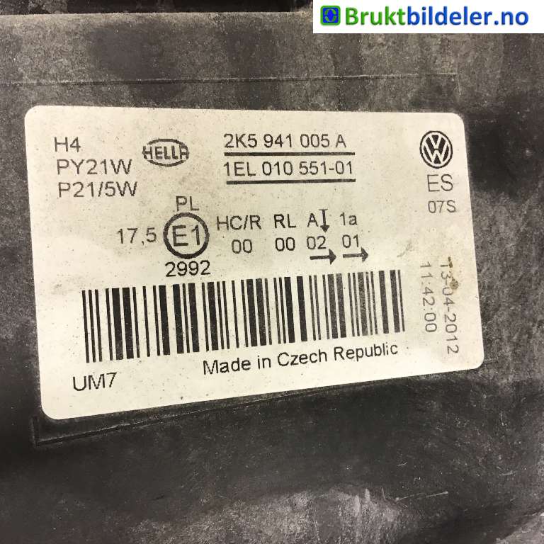 Frontlykt venstre halogen til VW Caddy 2010-2015 (Type III, Fase 2)  (VOLKSWAGEN|2K5 941 005 A|1EL 010 551-01|)