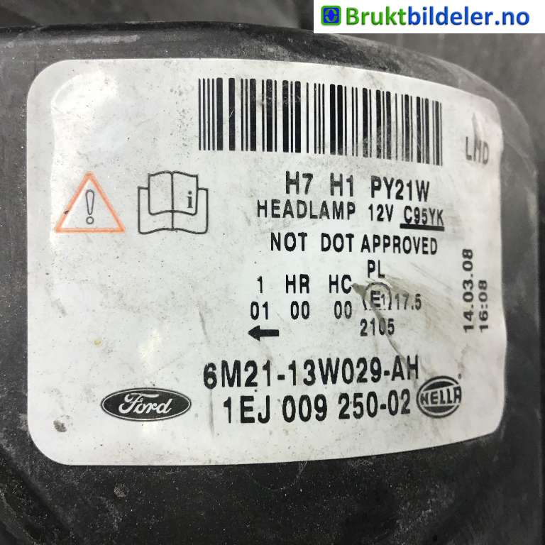 Frontlykt høyre halogen til Ford S-Max 2006-2010 (Type I, Fase 1) (FORD|6M21-13W029-AH|1EJ 009 250-02|)