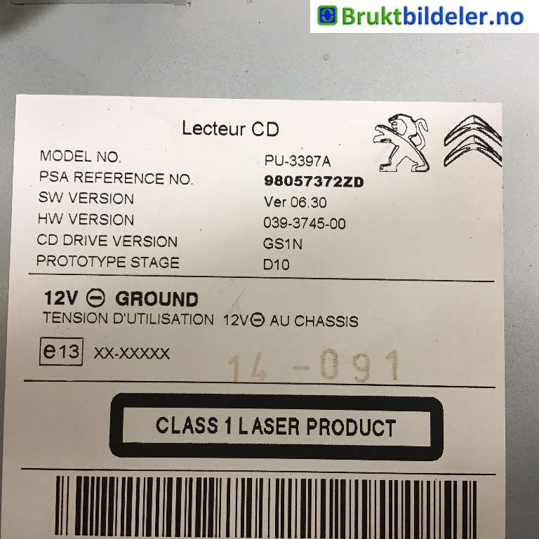 Bilstereo CD-veksler til Citroën C4, Picasso 2013-2018 (Type II)  (CITROEN|98 057 372 ZD|)