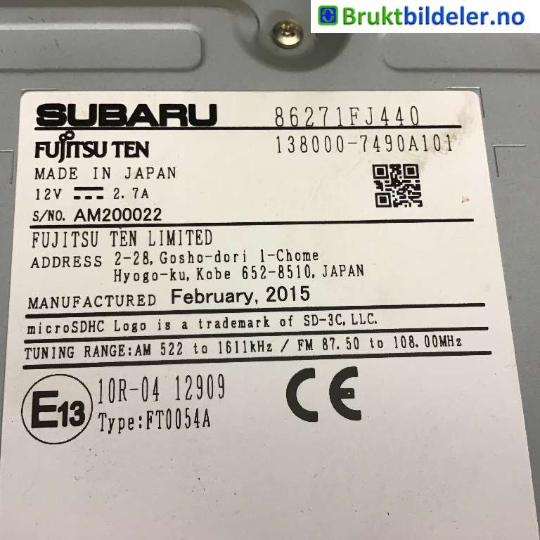 Bilstereo til Subaru XV 2012-2017 (Type I)  (SUBARU|86271FJ440|)