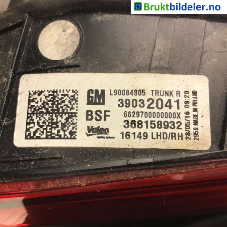 Baklykt høyre indre til Opel Astra K 2015-->> (OPEL|39032041|)