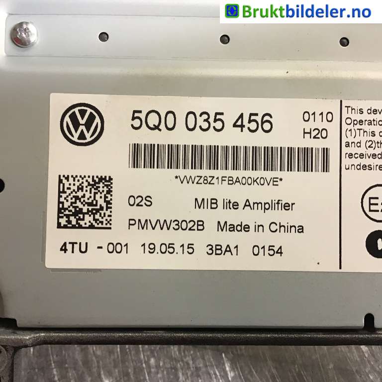 Bilstereo forsterker til VW e-Golf 2014-2017 (Fase 1) (VOLKSWAGEN|5Q0 035 456|3BA1 0154|)
