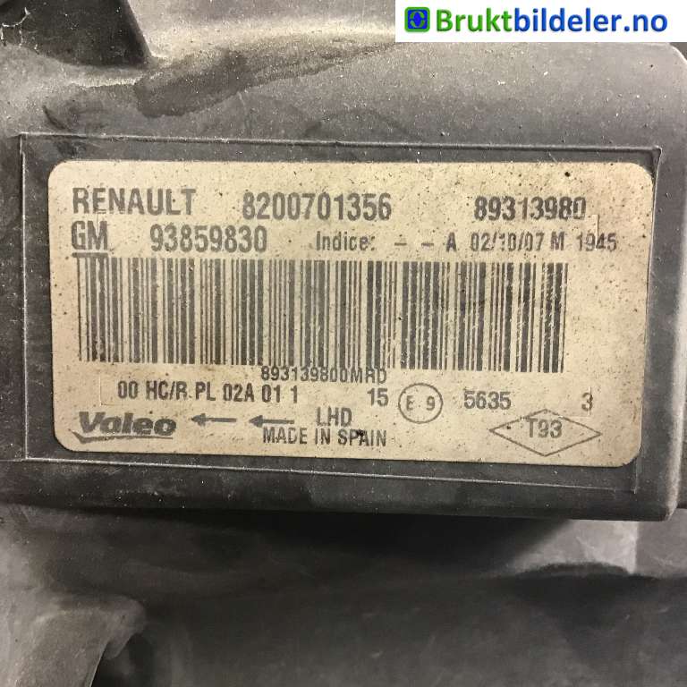 Frontlykt høyre halogen til Opel Vivaro A 2006-2014  (OPEL|93859830|89313980|8200701356)