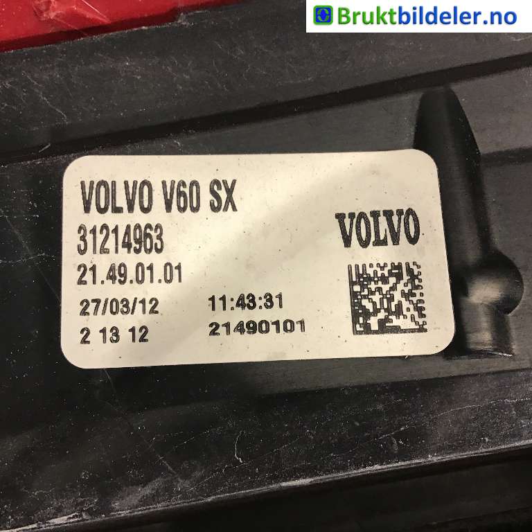 Baklykt venstre til Volvo V60 2010-2013 (Type I, Fase 1)  (VOLVO|31214963|)