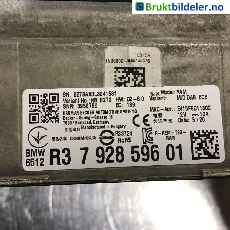 Bilstereo diverse til BMW 3-Serie 2018-->> (G20) (G20) (BMW|7 928 596-01|3958760|)