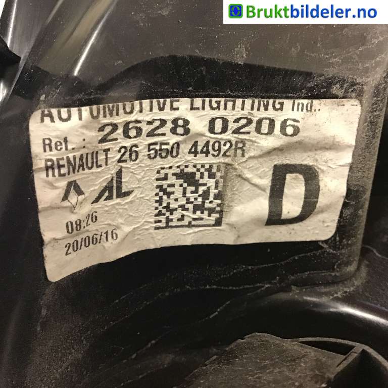 Baklykt høyre til Renault Zoe 2013-2019 (Fase 1)  (RENAULT|265504492R|26280206|)