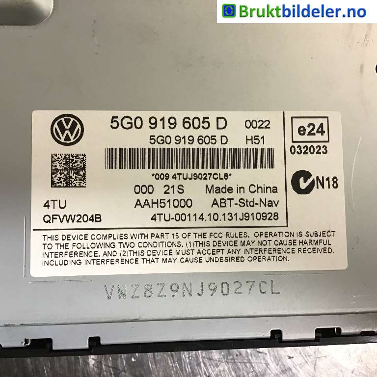 Bilstereo til VW Golf VII 2012-2017 (Fase 1)  (VOLKSWAGEN|5G0 919 605 D|AAH51000|)