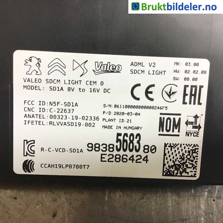 Styreenhet nøkkelfri/keyless til Peugeot 208 2019-->> (Type II)  (PEUGEOT|98 385 683 80|E286424|)