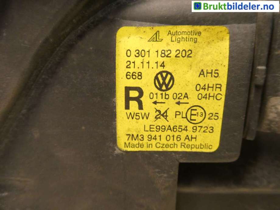Frontlykt høyre halogen til VW Sharan 2000-2010 (Type I, Fase 2) (7M3 941 016 AH|0 301 182 202)