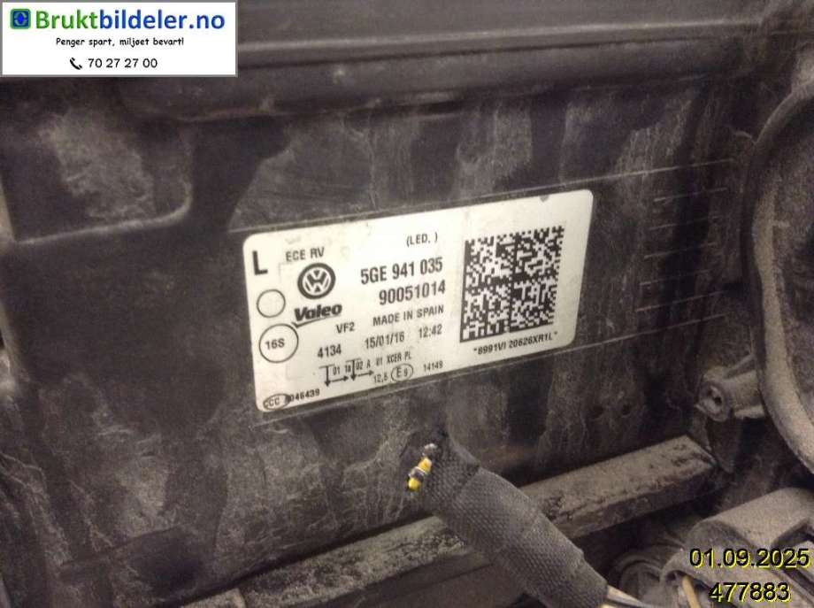 Frontlykt venstre halogen til VW e-Golf 2014-2017 (Fase 1)  (VOLKSWAGEN|5GE 941 035||5GE 941 773)
