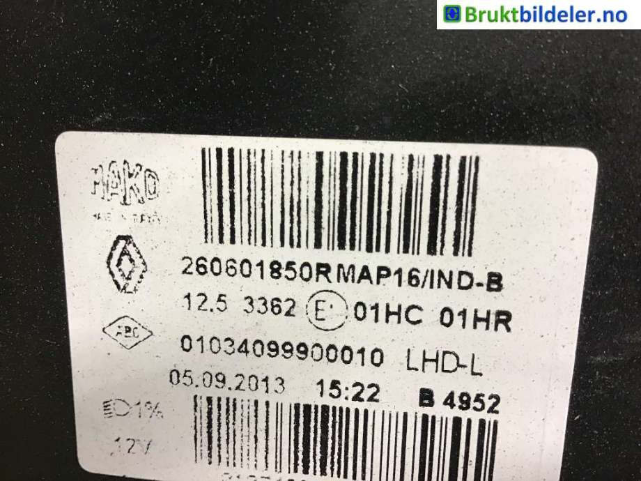 Frontlykt venstre halogen til Renault Clio, 2012-2016 (Type IV, Fase 1)  (RENAULT|26060185R)