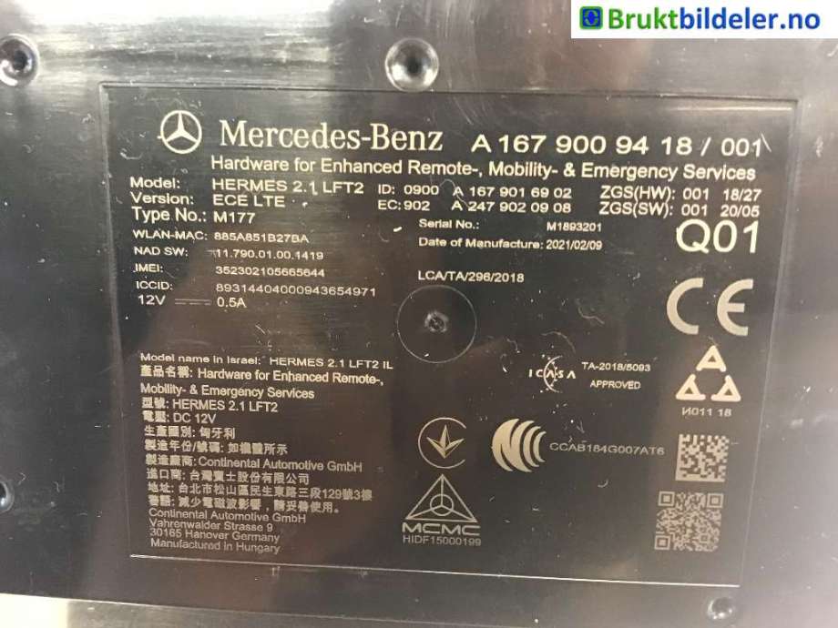 Styreenhet diverse til Mercedes EQC, 2019-->>  (MERCEDES|A 167 900 94 18)