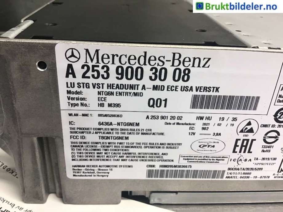 Bilstereo til Mercedes EQC, 2019-->>  (MERCEDES|A 253 900 30 08)