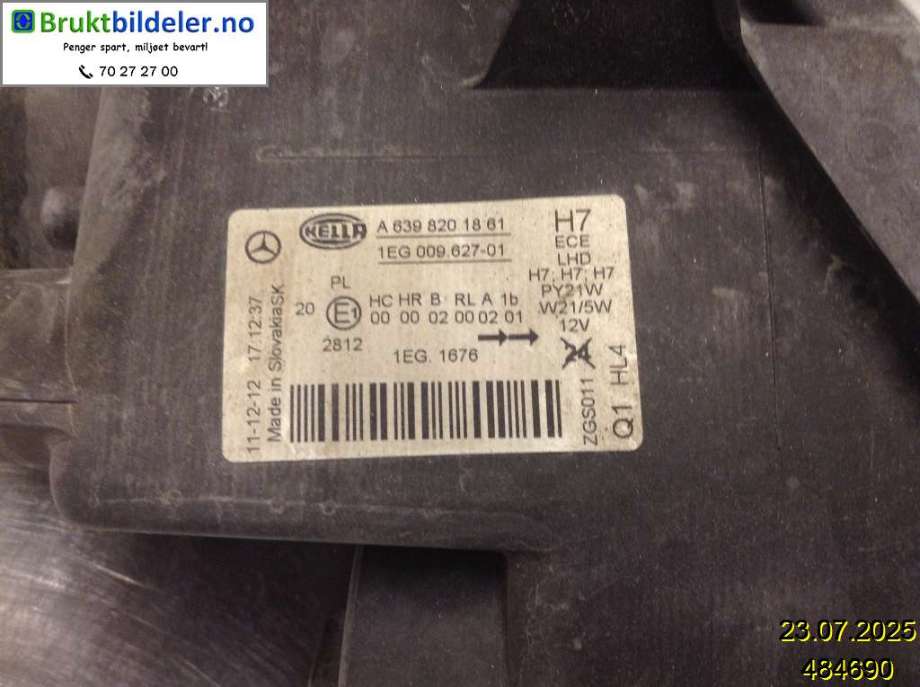 Frontlykt venstre halogen til Mercedes Vito/Viano 2010-2014 (Fase 2) (W639) (W639) (MERCEDES|A 639 820 18 61|1EG 009 627-01|)