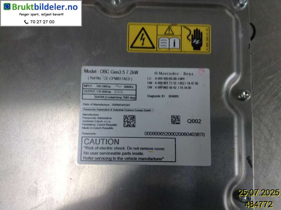 Batterilader (OBC - On Board Charger) til Mercedes EQC 2019-->>  (MERCEDES|A 000 900 65 20|)