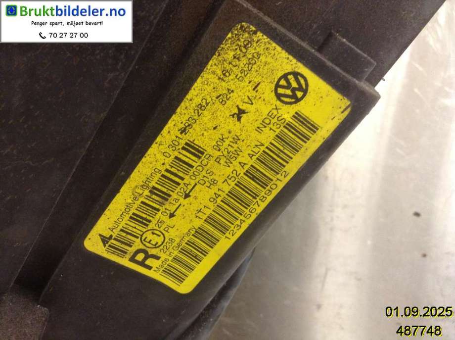 Frontlykt høyre xenon til VW Touran 2003-2006 (Type I, Fase 1)  (1T1 941 752 A|0 301 233 282|)