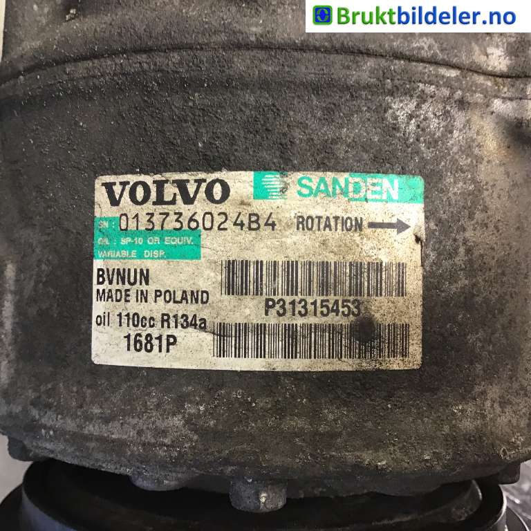 Aircondition kompressor til Volvo XC60 2014-2017 (Type I, Fase 2) (VOLVO|31315453|013736024B4|)