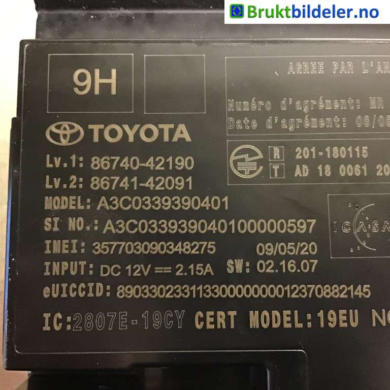 Styreenhet diverse til Toyota RAV4 2019-->> (Type V)  (TOYOTA|86740-42190|A3C0339390401|)