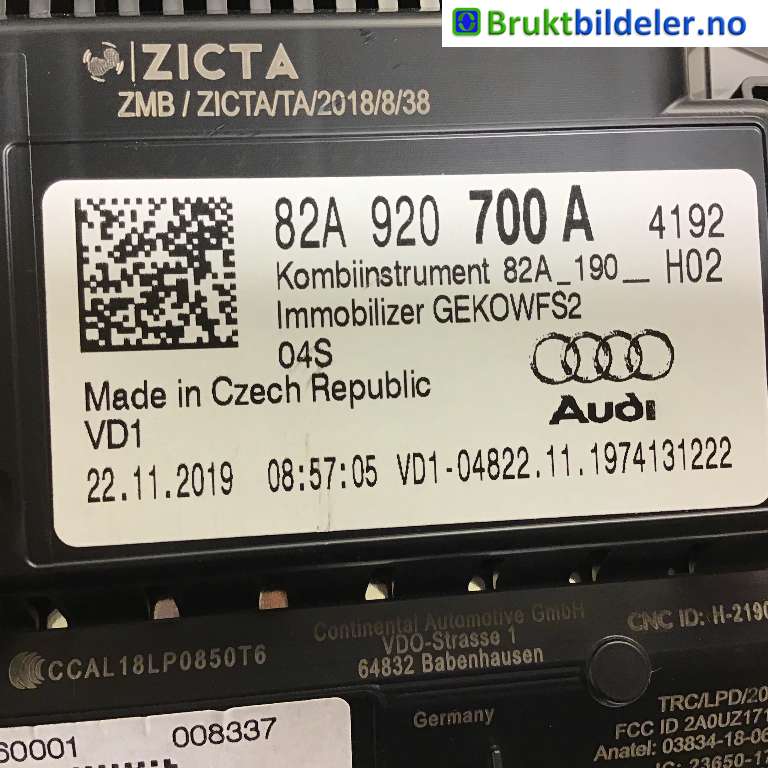 Instrumentpanel til Audi A1 2018-->> (Type II)  (AUDI|82A 920 700 A|A3C0315860001|)