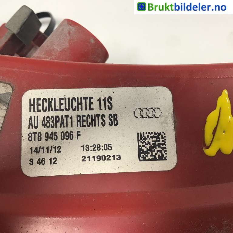 Baklykt høyre til Audi A5 2007-2016 (Type I)  (AUDIA5 SPORTBACK|8T8 945 096 F|21190213|)