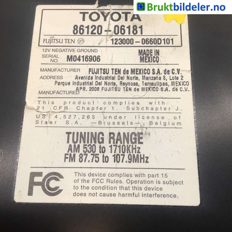 Bilstereo til Toyota Camry 2001-->>  (TOYOTA|86120-06181|12300-0660D101|)