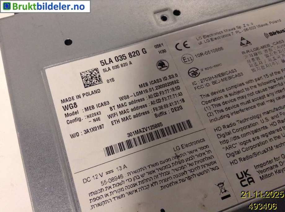Bilstereo til Škoda Enyaq 2021-->> (SKODA|5LA 035 820 G|)