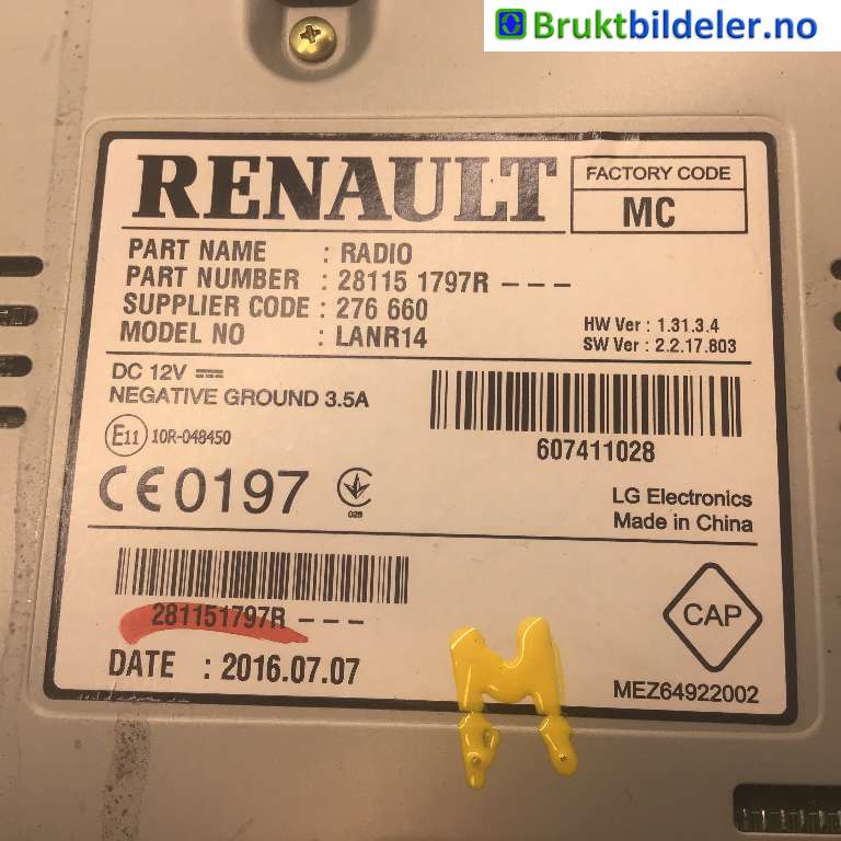 Bilstereo til Renault Kadjar 2015-->>  (RENAULT|281151797R|LANR14|)