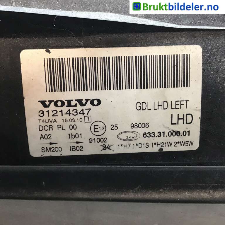 Frontlykt venstre xenon til Volvo V70 2007-2013 (Type III, Fase 1)  (VOLVO|31214347|633.31.000.01|)