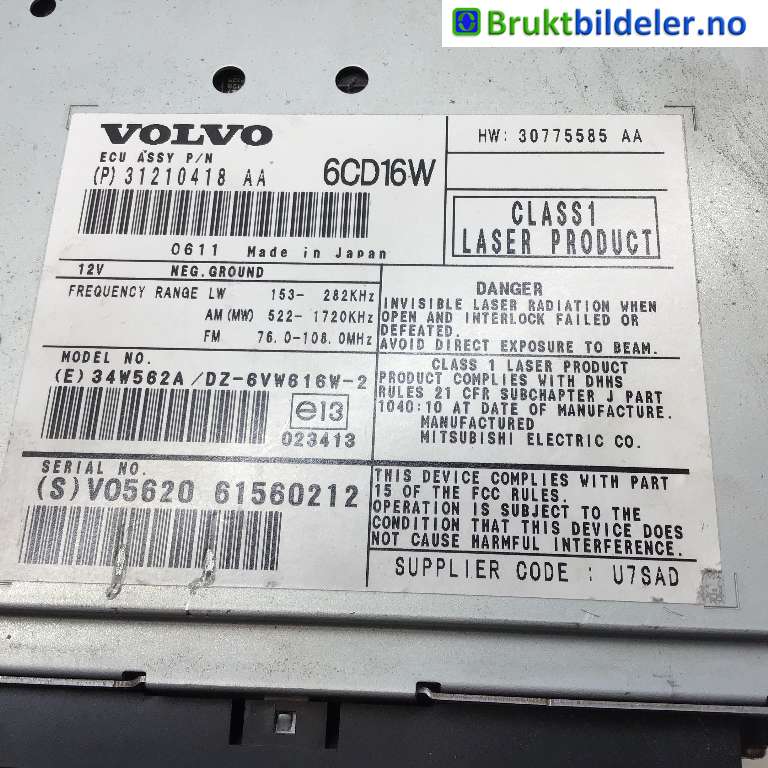 Bilstereo CD-veksler til Volvo C30 2006-2009 (Fase 1) (VOLVO|31210418|61560212|)