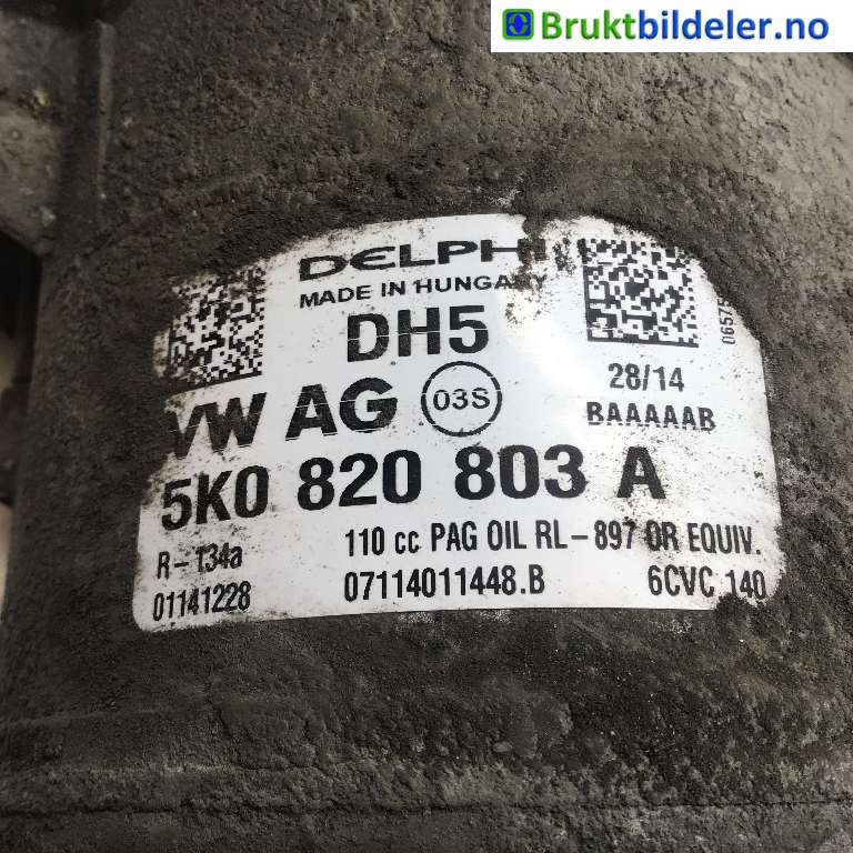 Aircondition kompressor til VW Caddy 2010-2015 (Type III, Fase 2) (VOLKSWAGEN|5K0 820 803 A|07114011448 B|)