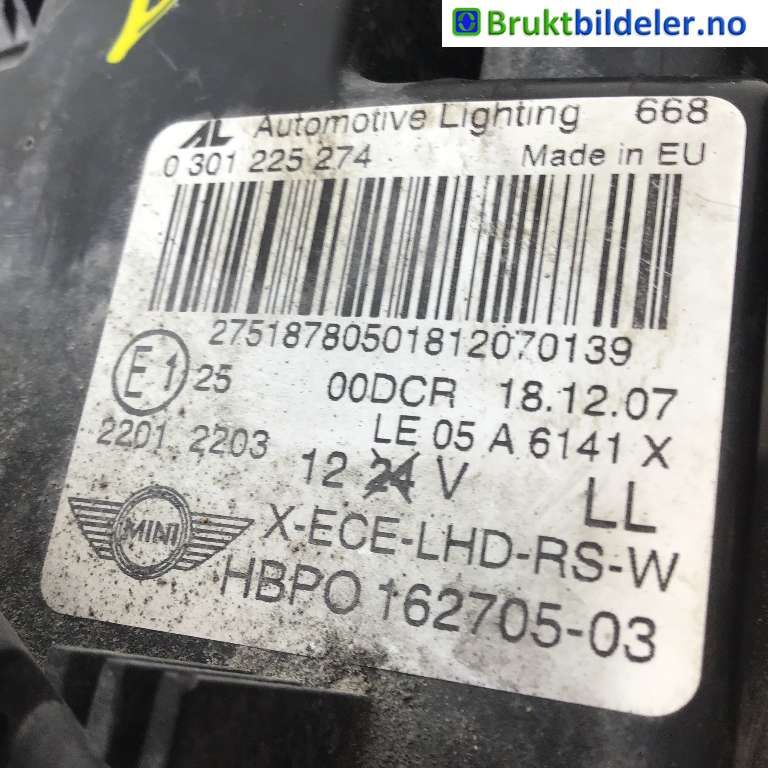 Frontlykt høyre xenon til Mini One/Cooper 2007-2014 (R55-57) (R55-57) (MINI|63 12 7 269 984|0 301 225 274|162705-03)