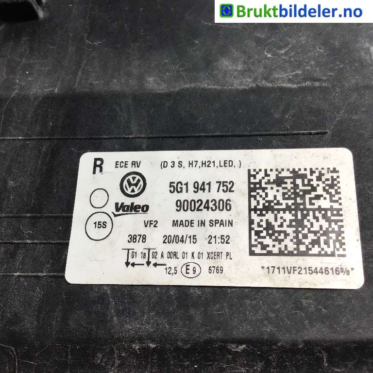 Frontlykt høyre halogen til VW Golf VII 2012-2017 (Fase 1)  (VOLKSWAGEN|5G1 941 752|90024306|)