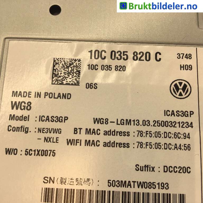 Bilstereo til VW ID.3 2020-->> (VOLKSWAGEN|10C 035 820 C|WG8-LGM/00321234|)