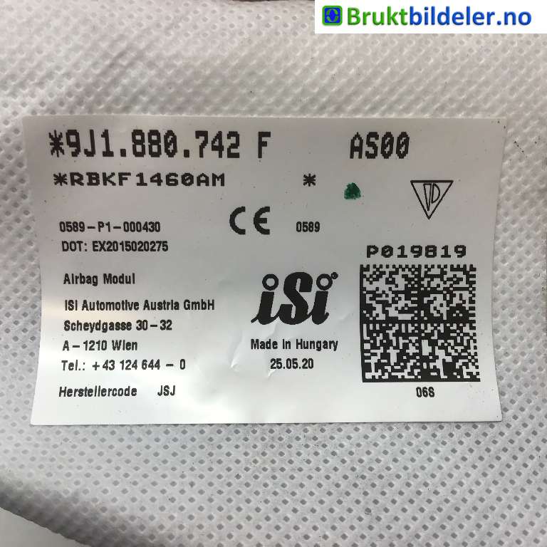 Airbag gardin høyre til Porsche Taycan 2019-->> (PORSCHE|9J1 880 742 F|0589-P1-000430|)