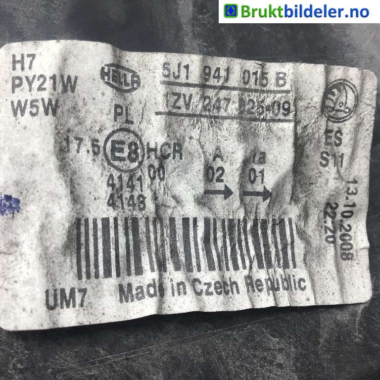 Frontlykt venstre halogen til Škoda Fabia 2007-2010 (Type II, Fase 1)  (SKODA|5J1 941 017 B|1ZV 247 025-09|5J1 941 015 B)