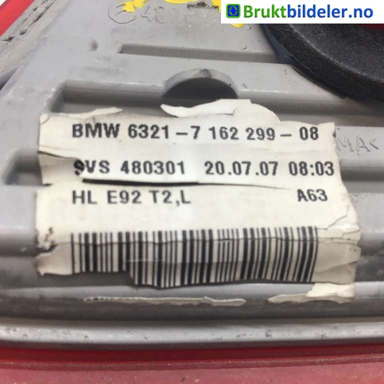 Baklykt venstre indre til BMW 3-Serie 2005-2011 (E90/E91/E92/E93) (E90/E91/E92/E93) (BMW|63 21 7 162 299|480301|)