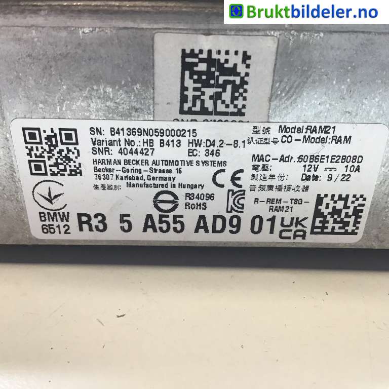 Bilstereo diverse til BMW i4 2021-->> (G26) (G26) (BMW IX4|65 12 5 A55 AD9|4044427|)