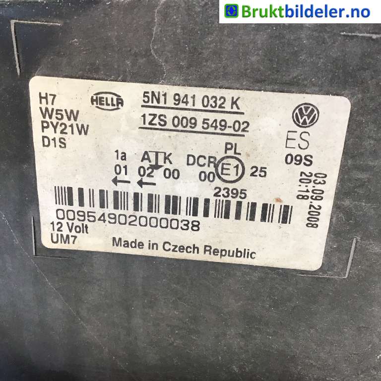 Frontlykt høyre xenon til VW Tiguan 2007-2011 (Type I, Fase 1)  (VOLKSWAGEN|5N1 941 032 K|1ZS 009 549-02|)