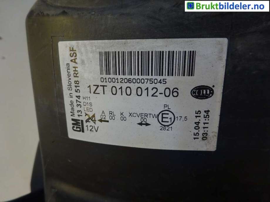 Frontlykt høyre xenon til Opel Astra J 2010-2015 (OPEL|13374518|1ZT 010 012-06|)