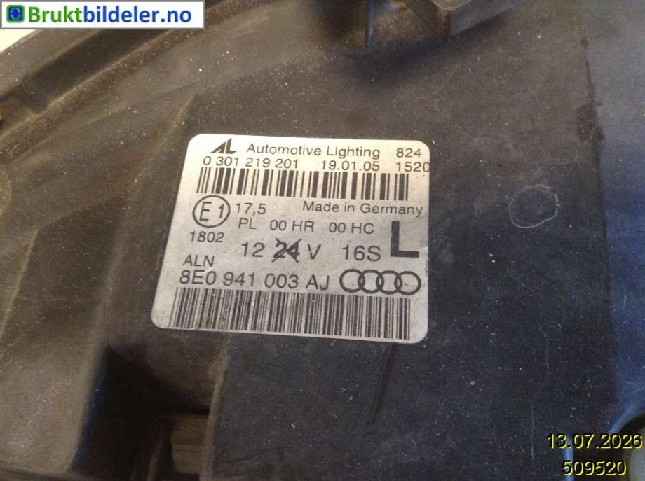 Frontlykt venstre halogen til Audi A4 2004-2008 (Type III) (B7) (B7) (AUDI|8E0 941 003 AJ|0 301 219 201|)