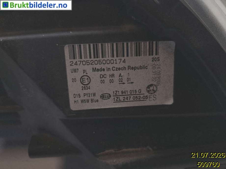 Frontlykt venstre xenon til Škoda Octavia 2009-2013 (Type II, Fase 2)  (SKODA|1Z1 941 017 T|24705205000174|1Z1 941 015 G)