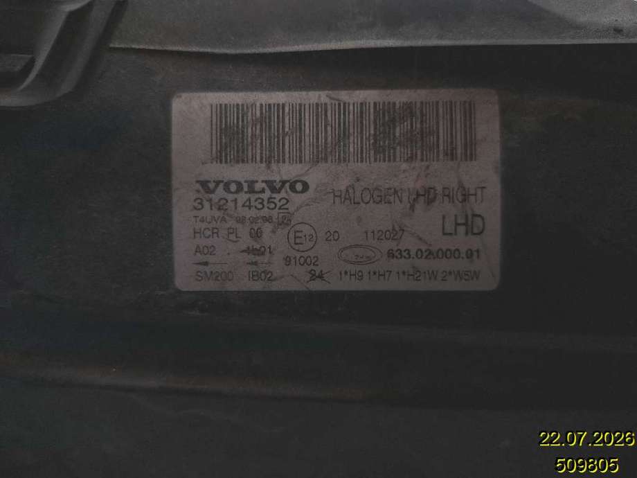 Frontlykt høyre halogen til Volvo V70 2007-2013 (Type III, Fase 1) (VOLVO|31214352|633.02.000.01|)