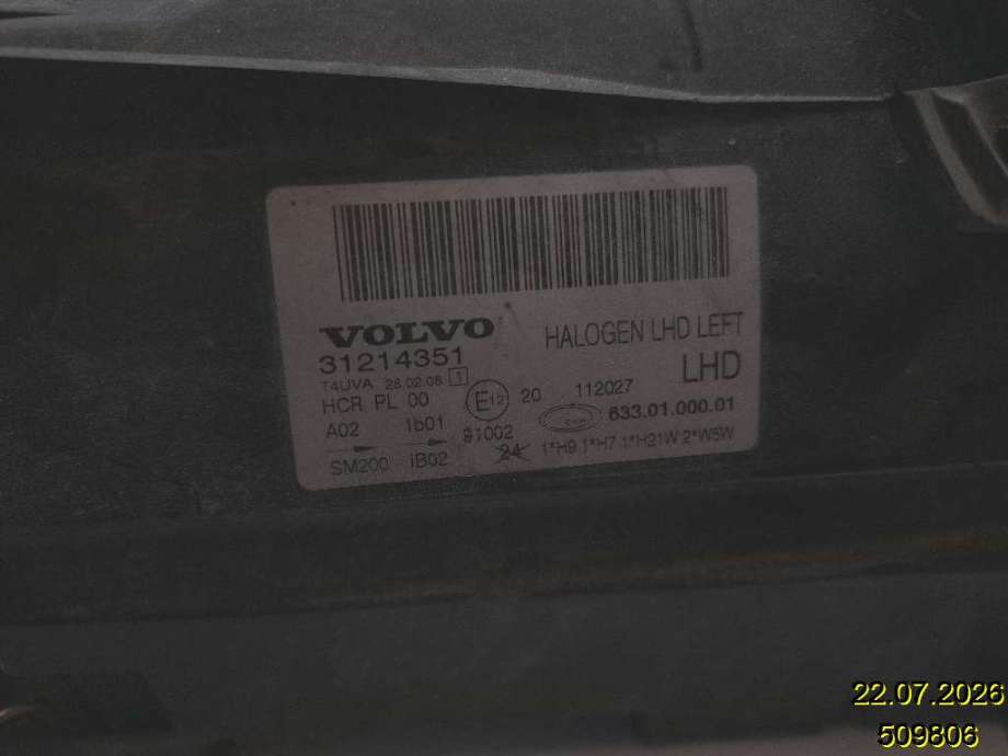 Frontlykt venstre halogen til Volvo V70 2007-2013 (Type III, Fase 1) (VOLVO|31214351|633.31.000.01|)