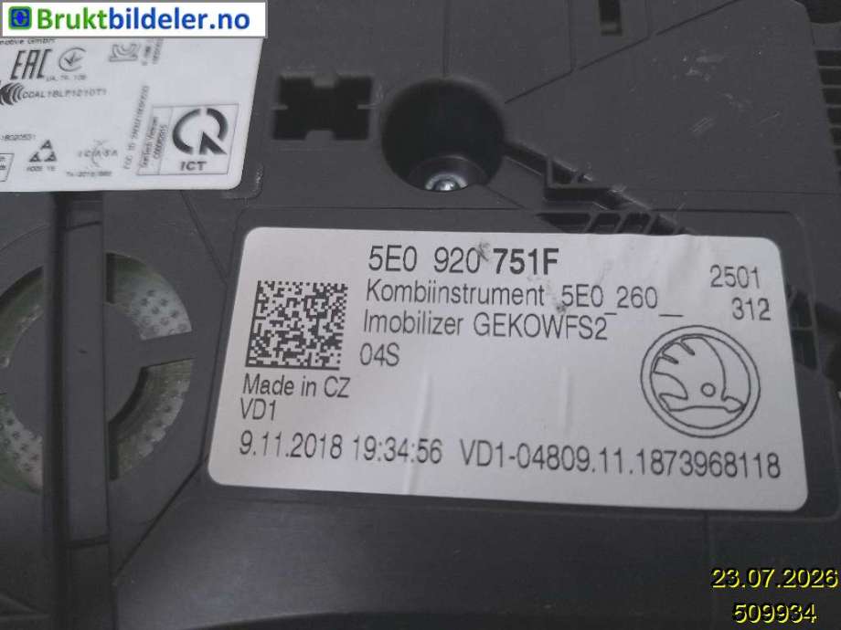 Instrumentpanel til Škoda Octavia 2017-2020 (Type III, Fase 2)  (SKODA|5E0 920 751 F|A2C1635610001|)