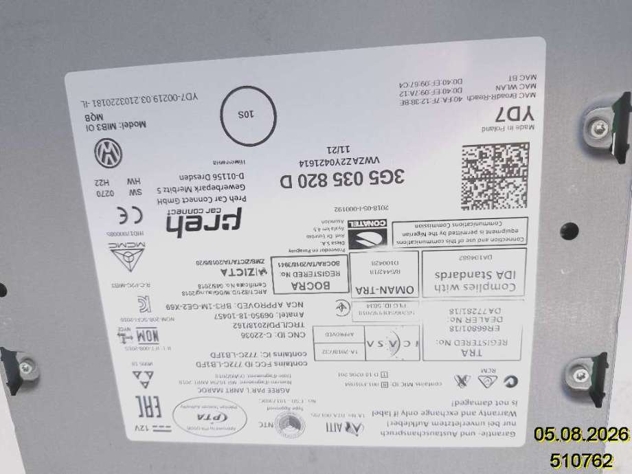 Bilstereo til VW Tiguan 2016-2020 (Type II, Fase 1)  (VOLKSWAGEN|3G5 035 820 D|)