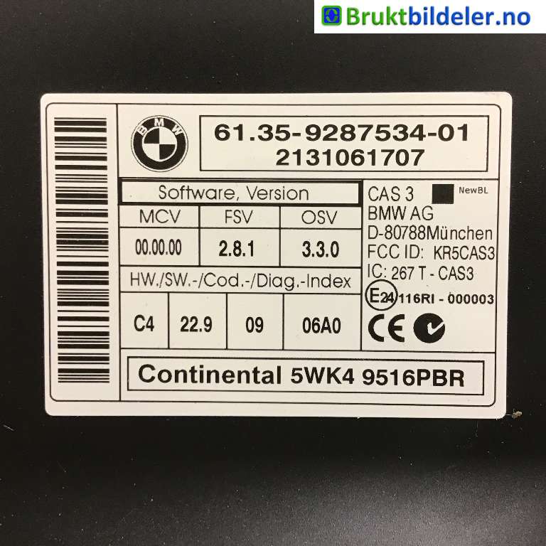 Styreenhet nøkkelfri/keyless til BMW X1 2009-2015 (E84) (E84) (BMW|61 35-9287534-01|5WK4 9516PBR|)